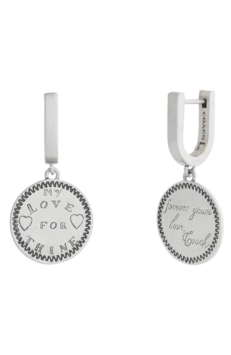COACH Coin Charm Huggie Hoop Earrings, Main, color, Antique Silver