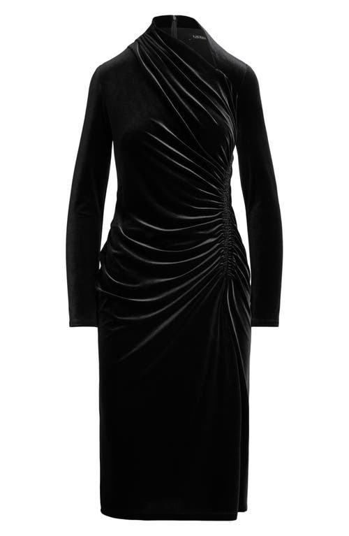 Ralph Lauren Lauren Long Sleeve Asymmetric Velvet Dress In Black