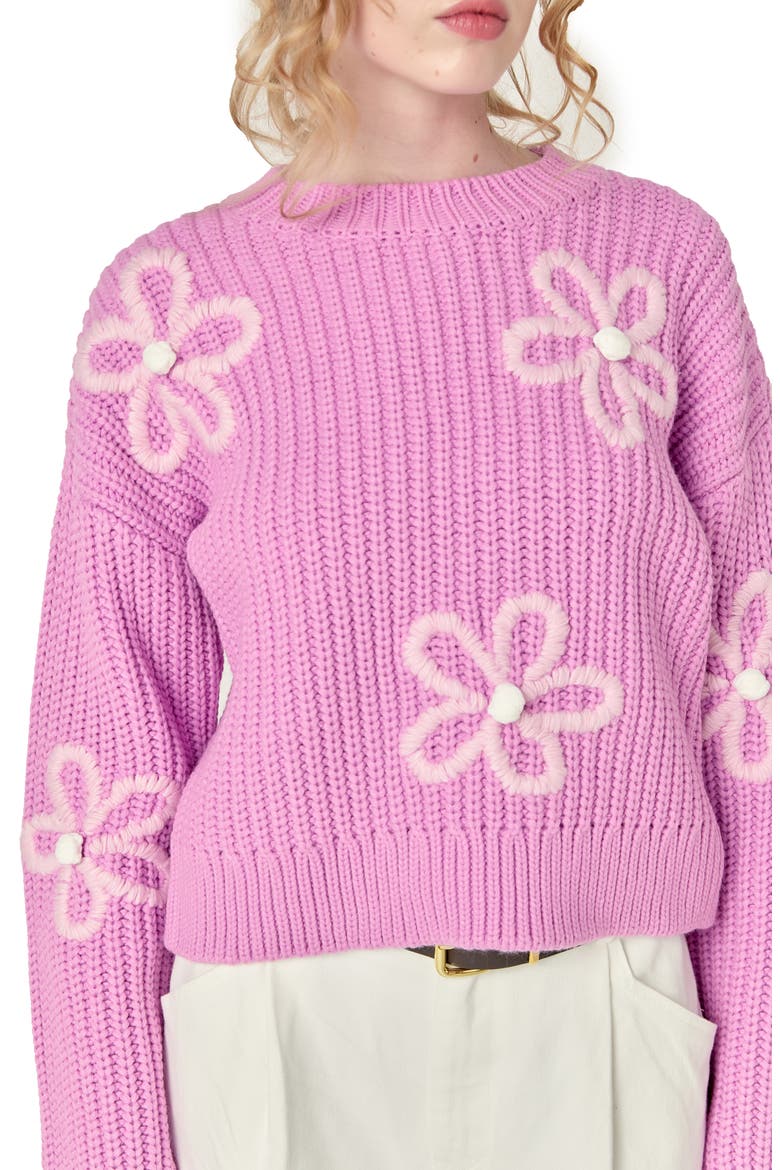 Flower Embroidered Crewneck Sweater, Alternate, color, PINK