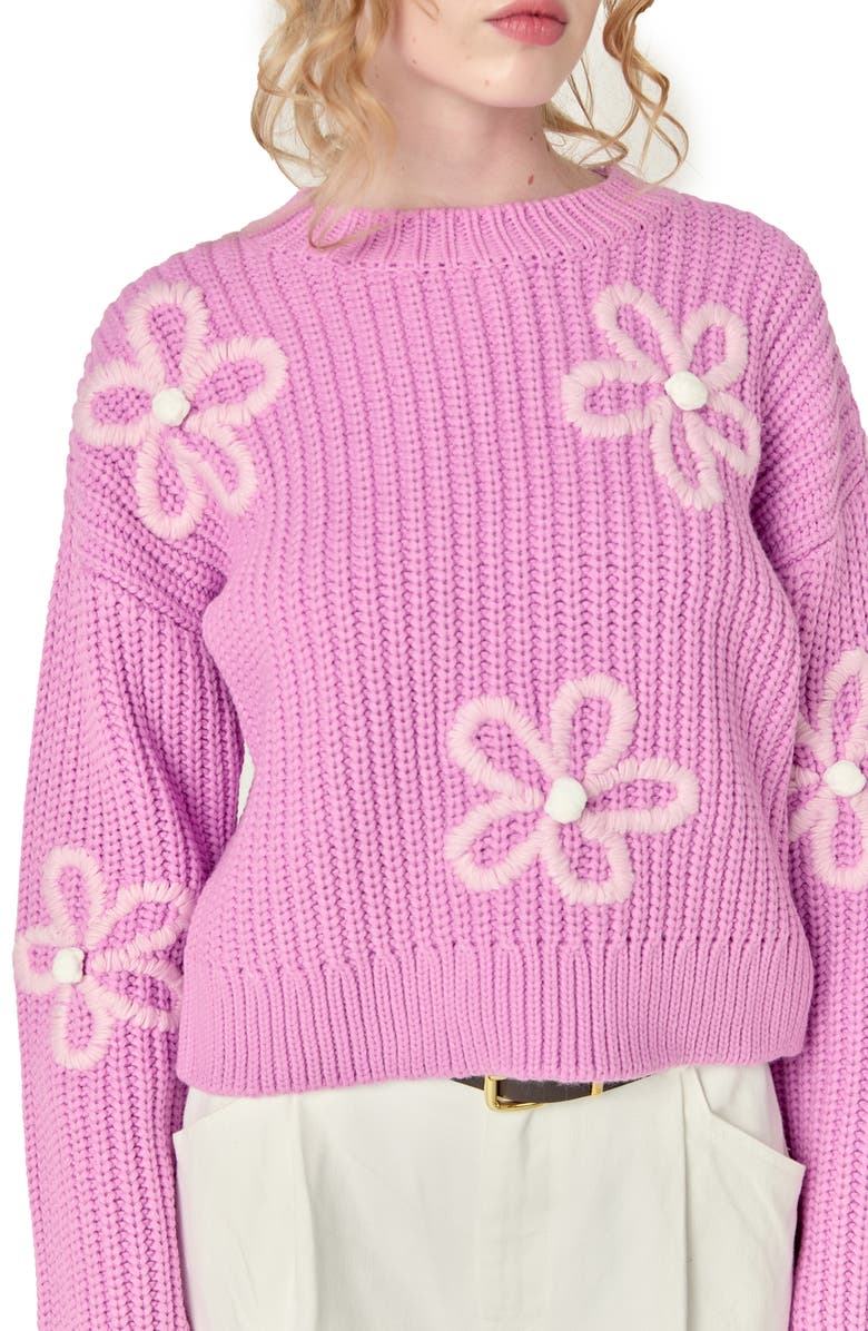 English Factory Flower Embroidered Crewneck Sweater, Alternate, color, Pink