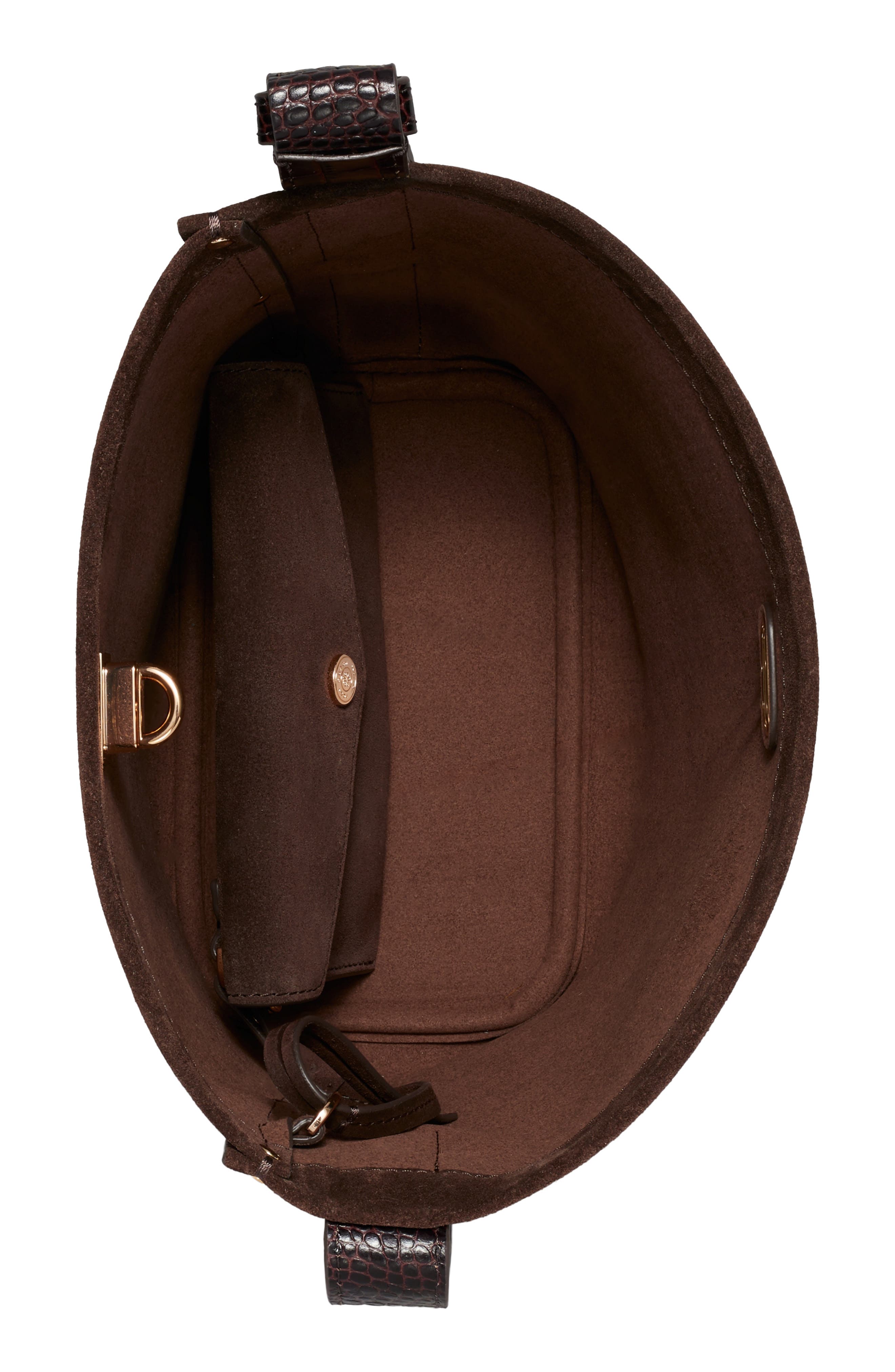 Lock Suede Slim Medium Bucket Bag, Alternate, color, DARK COCO