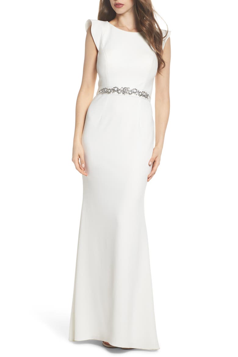 Ruffle Back Belted Gown, Main, color, IVORY