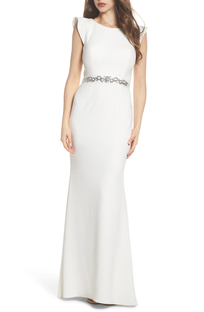 Adrianna Papell Ruffle Back Belted Gown, Main, color,