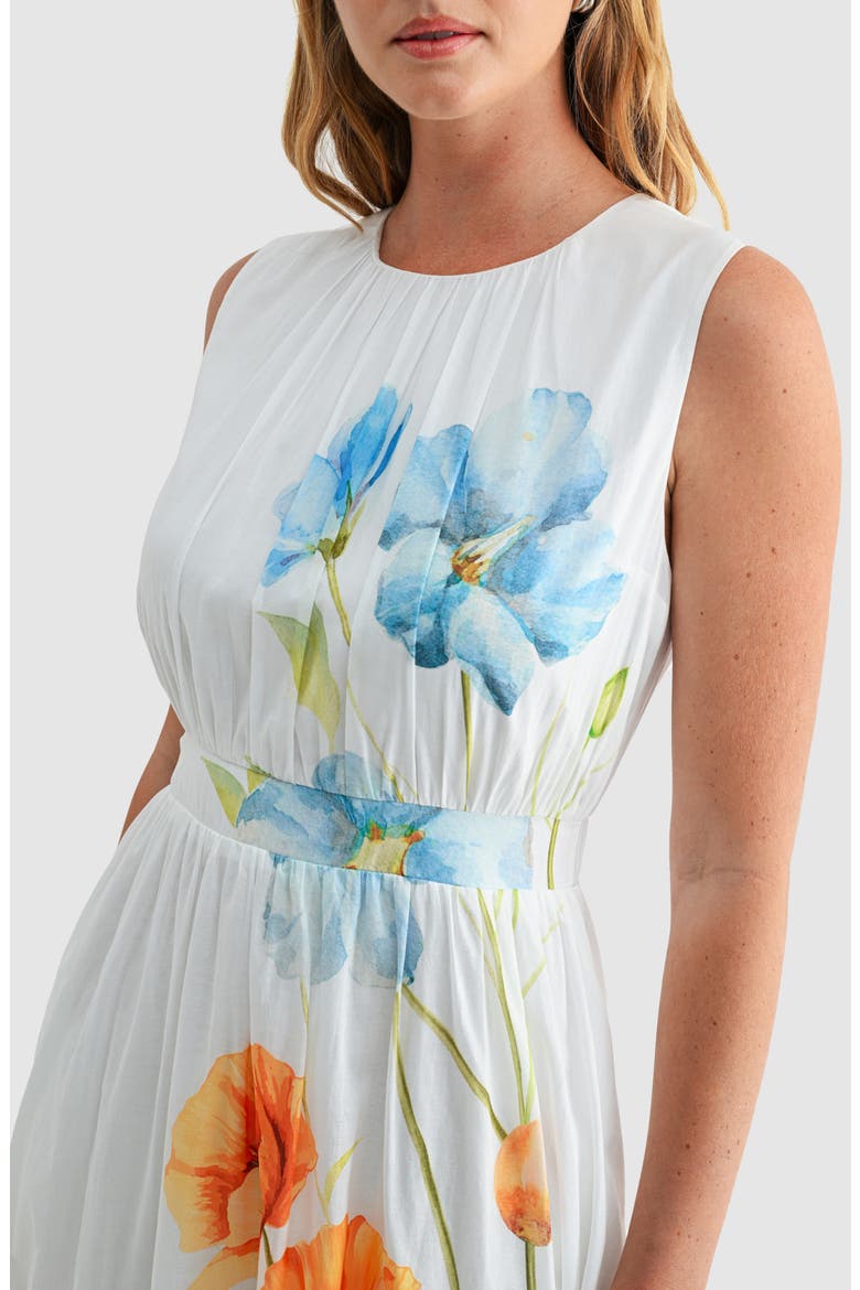 Floral Print Cinched Waist Sleeveless Midi Dress, Alternate, color, WHITE FLORAL