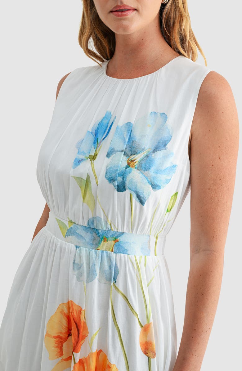 Mila Mae Floral Print Cinched Waist Sleeveless Midi Dress, Alternate, color, White Floral