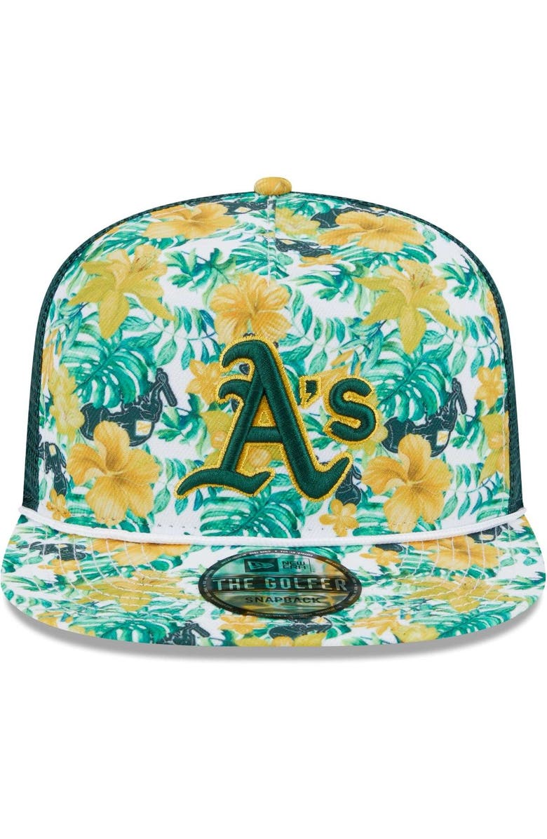New Era Men's New Era Oakland Athletics Tropic Floral Golfer Lightly Structured Snapback Hat, Alternate, color, Green
