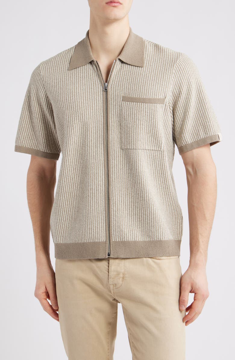 rag & bone Zuma Jacquard Stripe Short Sleeve Knit Zip-Up Shirt, Main, color, Cashmere Brown