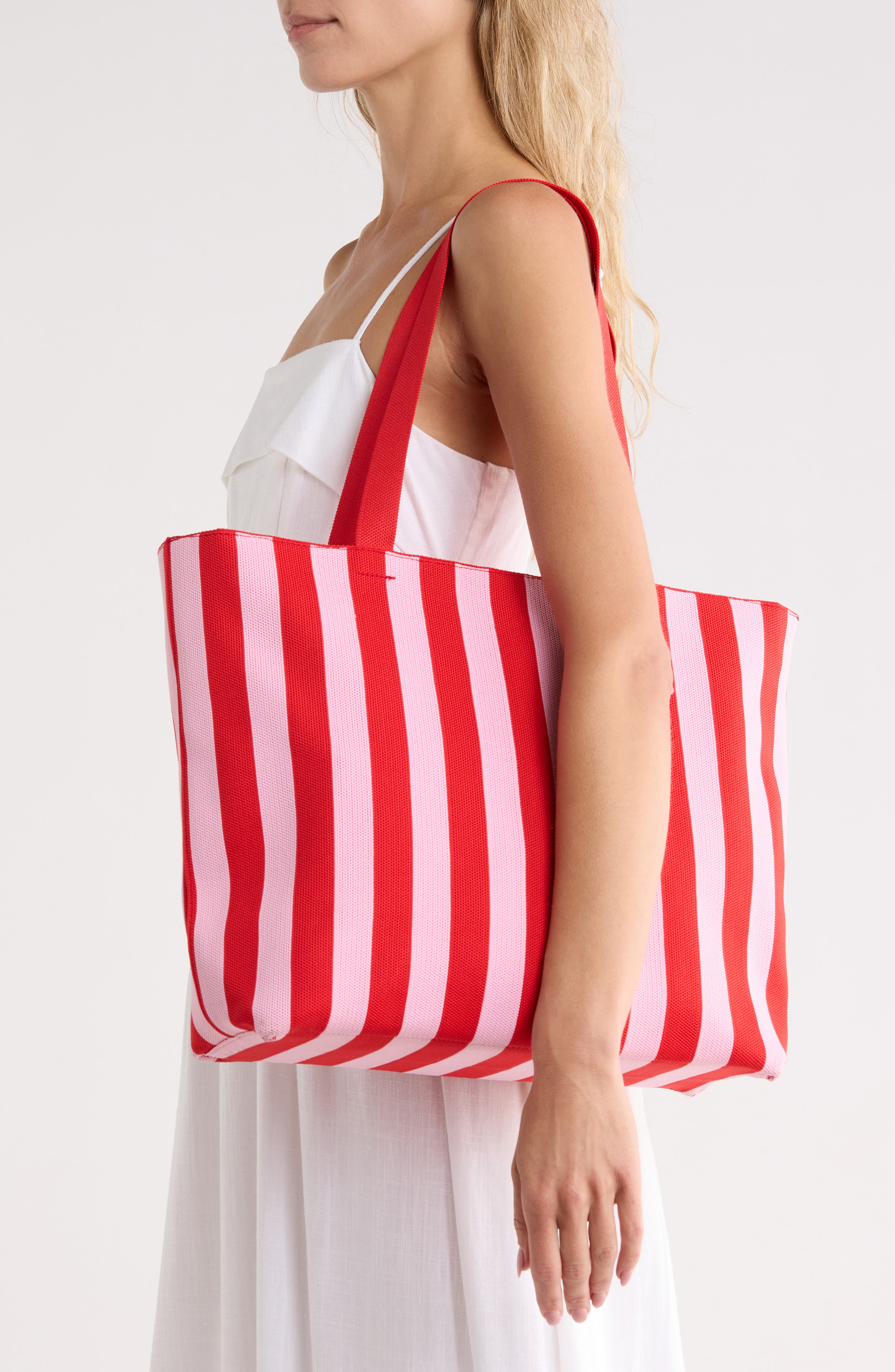 Large Striped Tote with Removable Pouch, Alternate, color, RED PINK