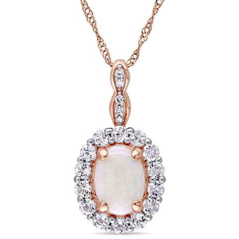 Gemstone & Diamond Oval Halo Necklace 14K