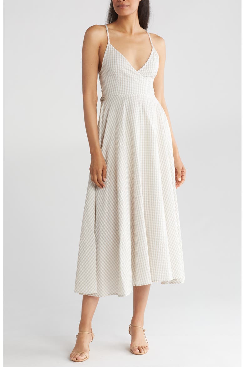Gingham Cross Back Midi Dress, Main, color, PEBBLE/ IVORY