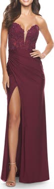 La Femme Long Dress with Jersey Skirt and Lace Illusion Bodice