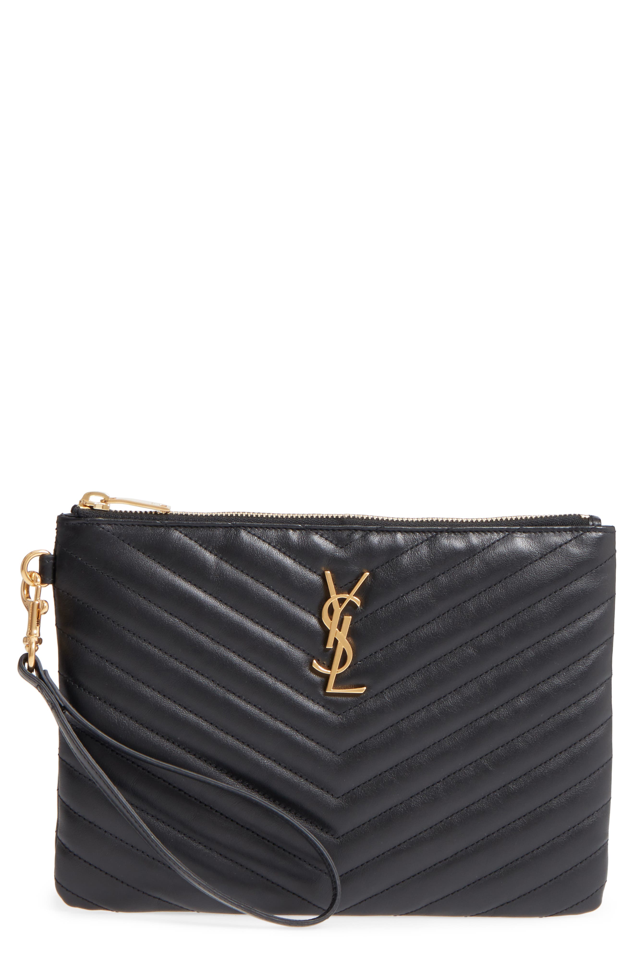 Saint Laurent 'Small Monogram' Print Leather Wristlet, Main, color, 1000 Nero