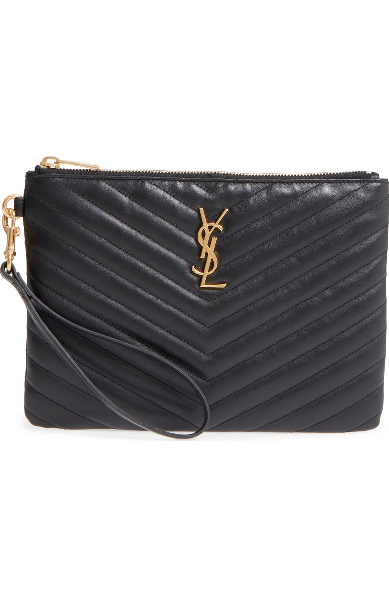 Saint Laurent 'Small Monogram' Print Leather Wristlet, Main, color, 1000 Nero