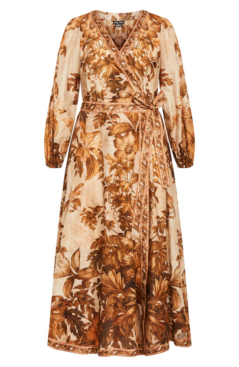 City Chic The Maddie Print Long Sleeve Wrap Maxi Dress, Alternate, color, Natural Print