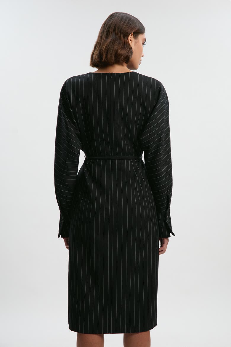 Pinstripe Cowl Neck Midi Dress, Alternate, color, Black