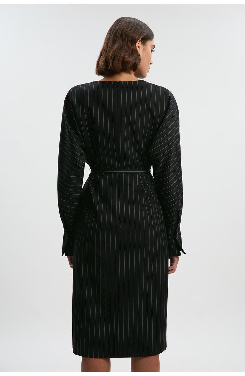 Karen Millen Pinstripe Cowl Neck Midi Dress, Alternate, color, Black