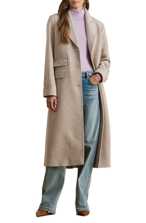 Longline Herringbone Wool Blend Reefer Coat