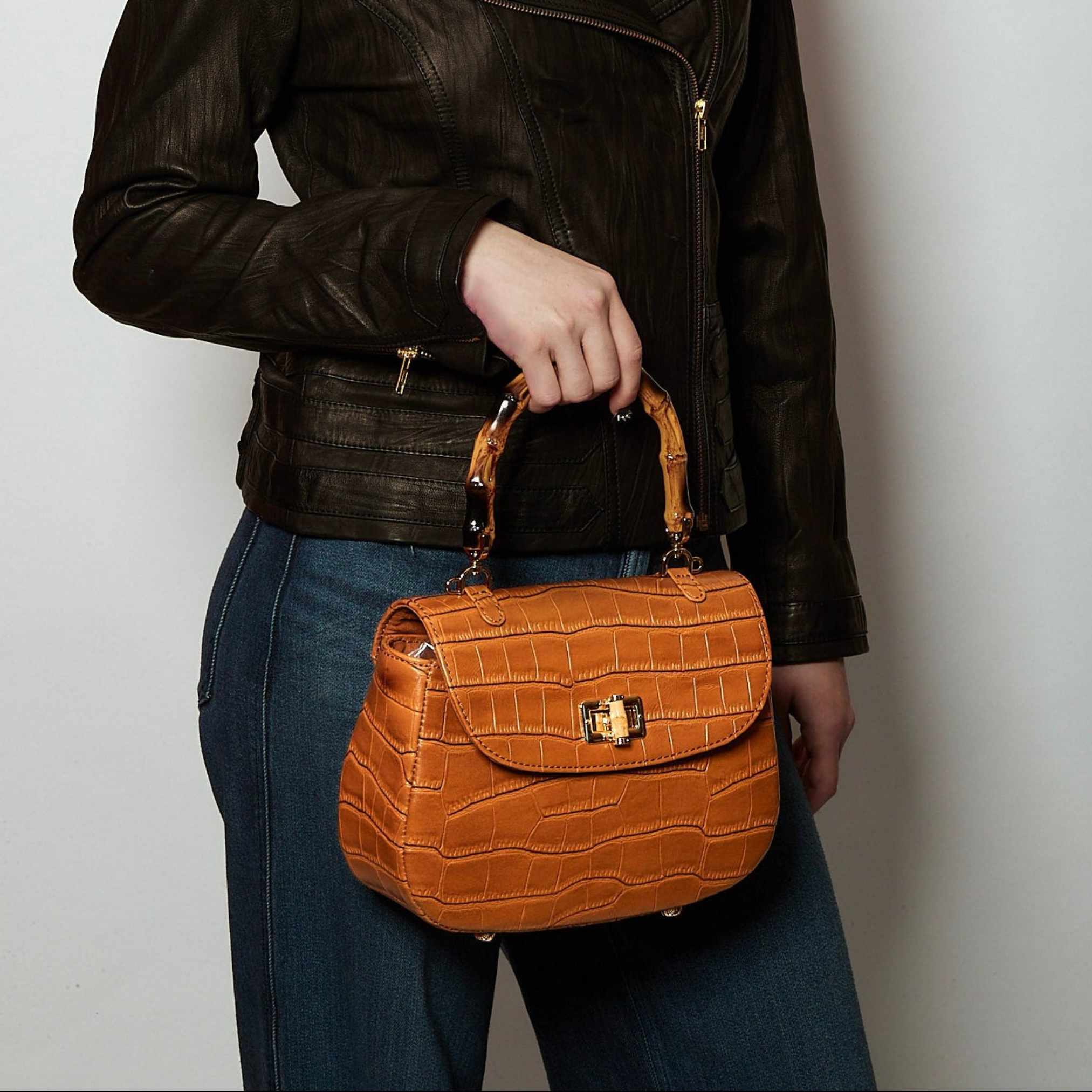 The Chloe Leather Handbag, Alternate, color, Brown Croc