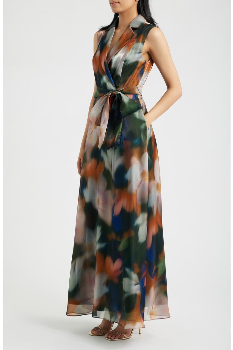 Print Tie Waist Sleeveless Organza Gown, Alternate, color, BROWN MULTI
