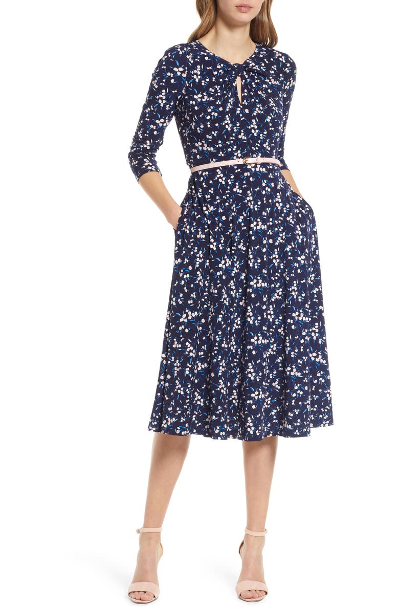 Harper Rose Floral Keyhole Neck Belted Midi Dress, Main, color, 