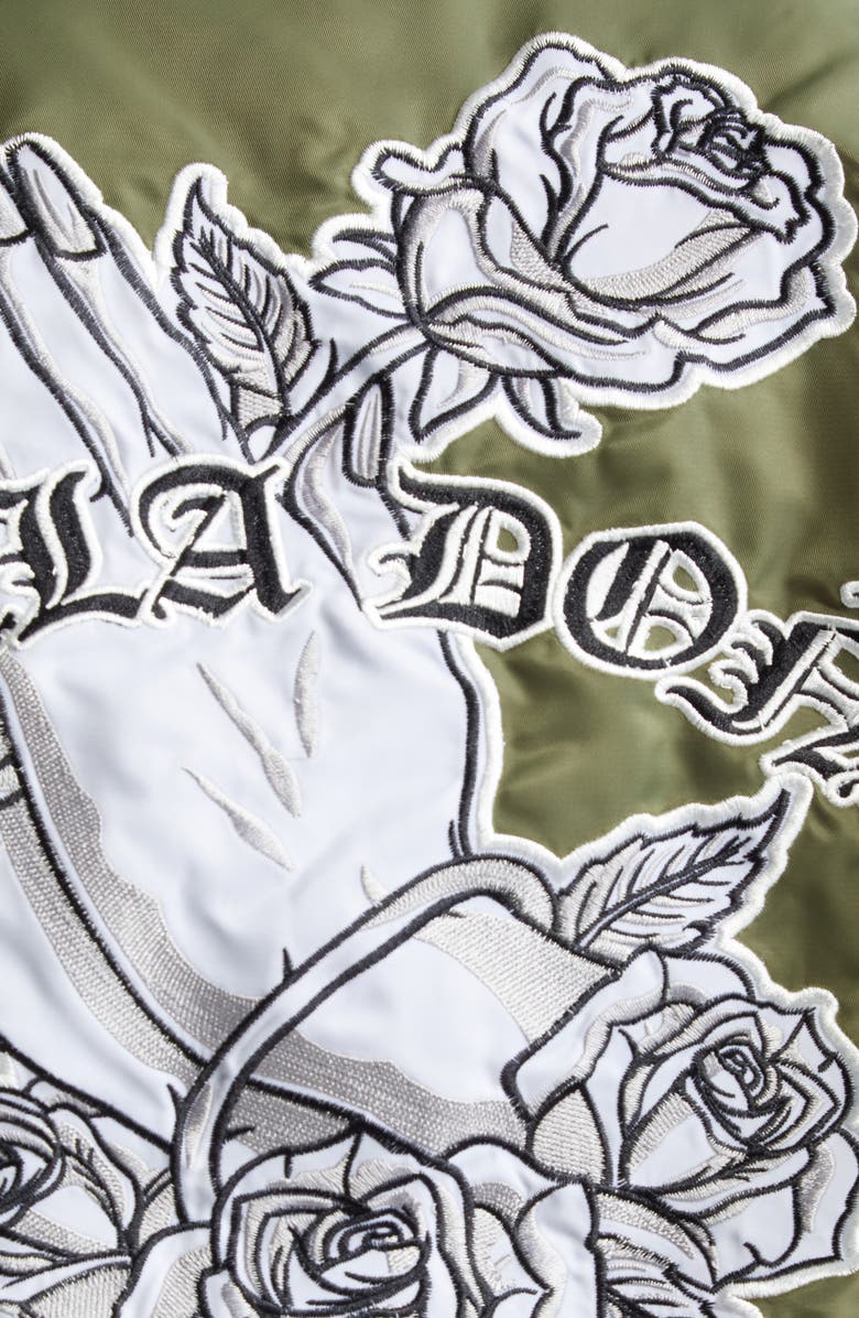 Bella Doña Pray Hands Bomber Jacket, Alternate, color, Green