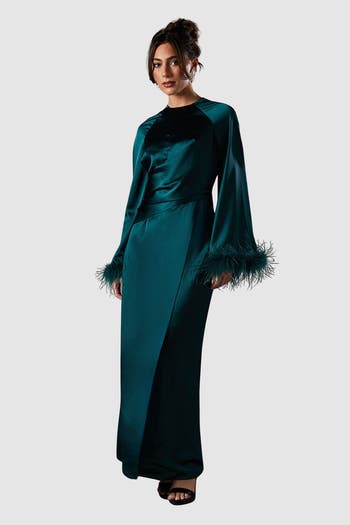 Coast Women's Feather Trim Satin Maxi Dress - Black