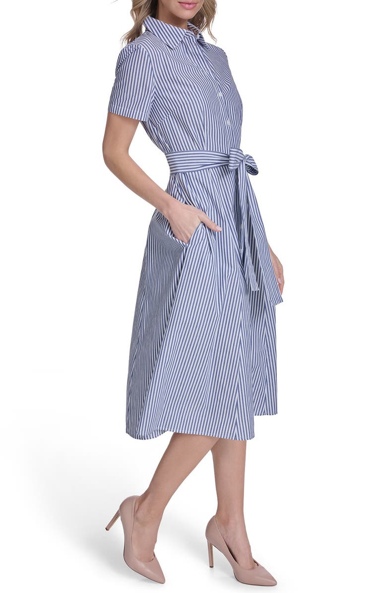 Tommy Hilfiger Stripe Short Sleeve Cotton Shirtdress, Alternate, color, Bright White/ Marina Blue