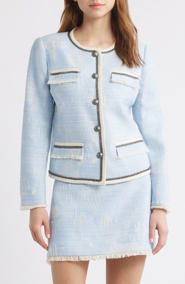 KOBI HALPERIN Fringe Trim Tweed Jacket, Main, color, Sky