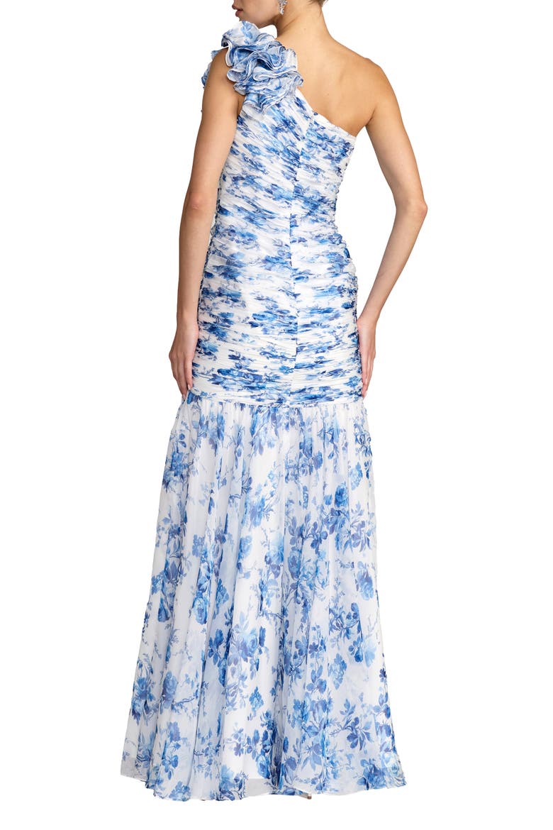 Petite Ruched Floral Chiffon Gown With 3D Ruffles, Alternate, color, Blue Multi