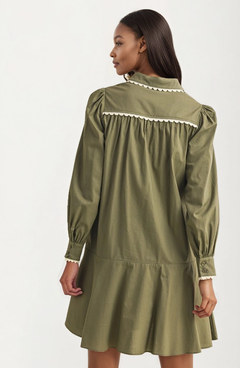 Knit and Lounge Long-Sleeve Button-Front Scallop-Trim Mini Dress, Alternate, color, Green