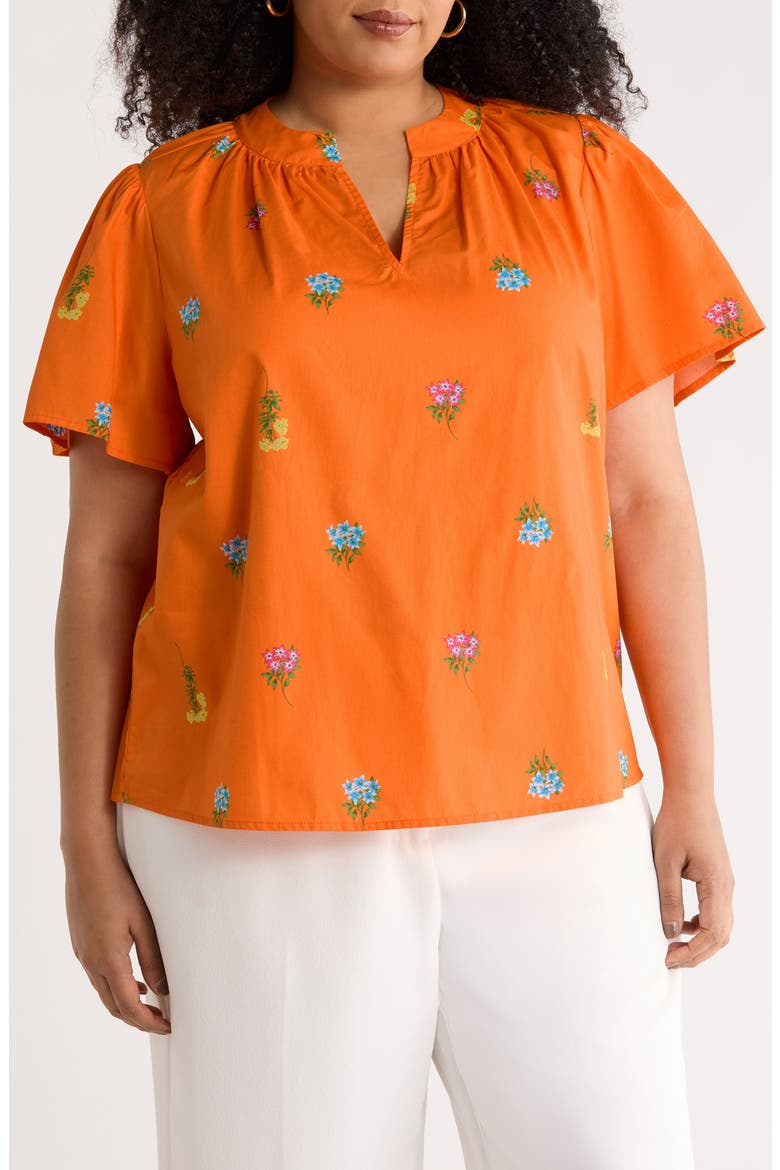 Floral Cotton Split Neck Top, Main, color, ORANGE-MULTI