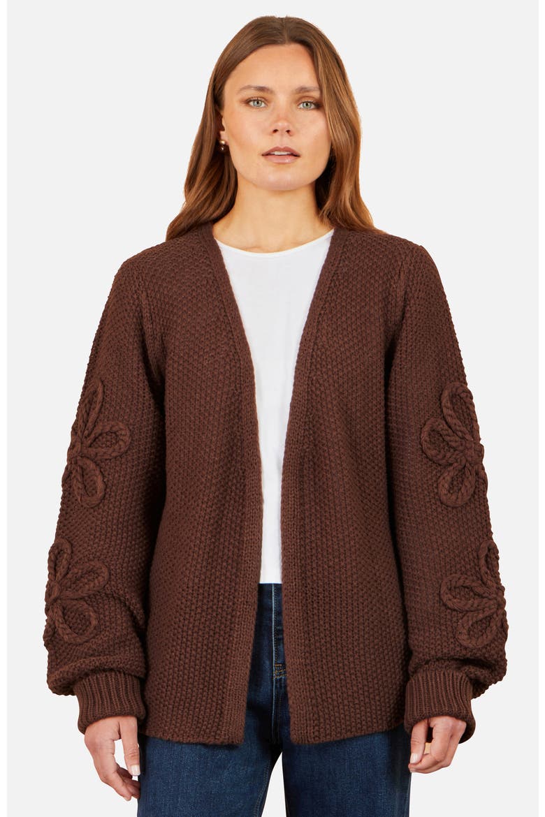 Knitted Flower Detail Sleeve Cardigan, Main, color, Brown
