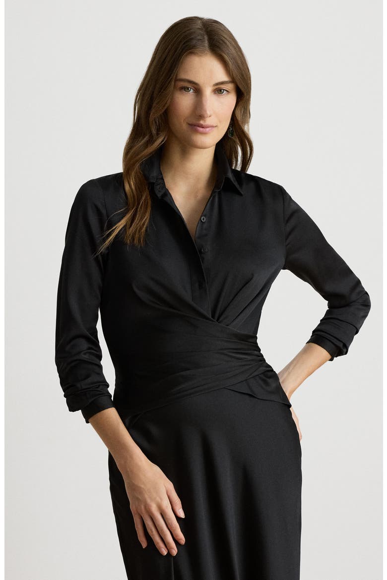 Featherweight Satin Charmeuse Shirtdress Gown, Alternate, color, BLACK