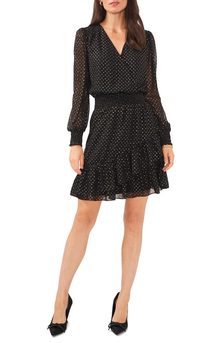 Vince Camuto Metallic Dot Long Sleeve Smocked Waist Dress, Main, color, 