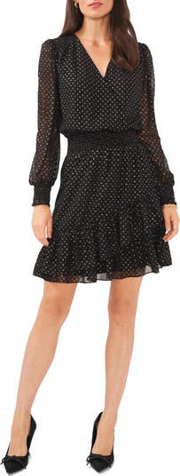 Vince Camuto Women's Blooms Long Sleeve Smock Waist Dress, Black, XS