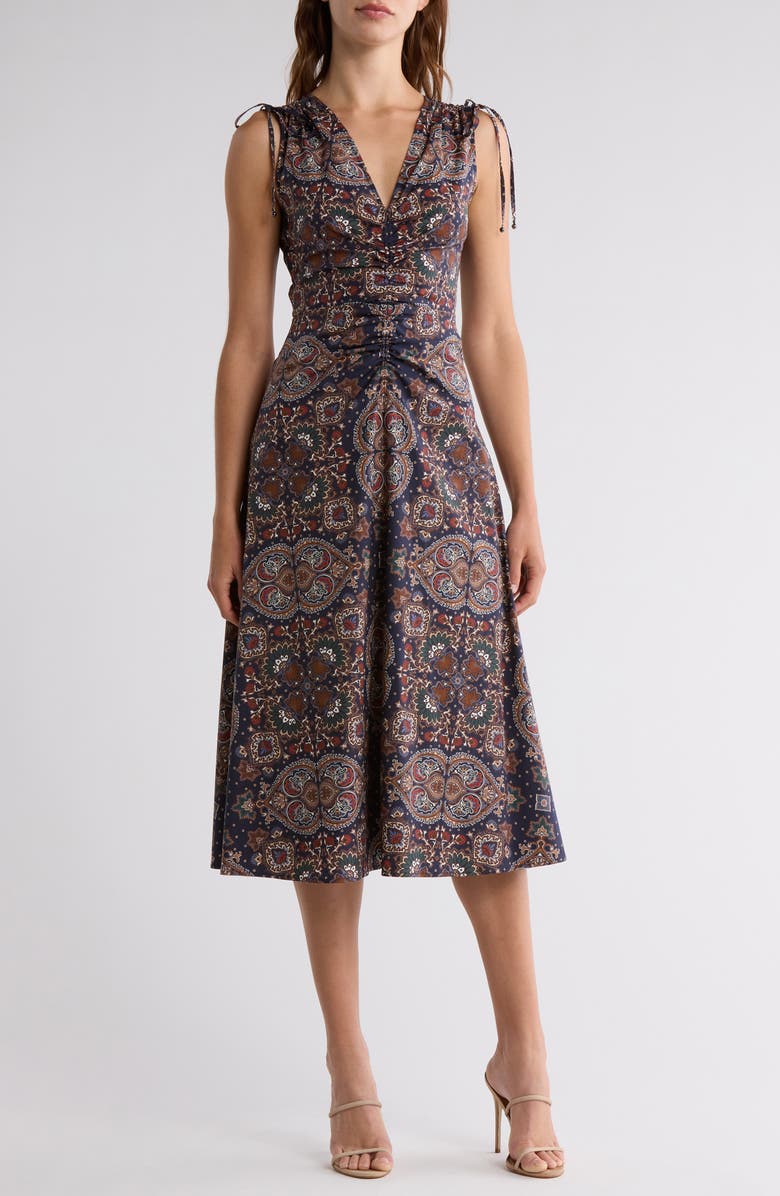 Veronica Beard Zia Sleeveless Stretch Cotton Midi Dress, Main, color, Navy Multi