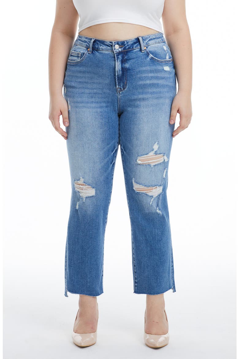 Distressed High Waist Slim Straight Jeans, Main, color, MEDIUM BLUE