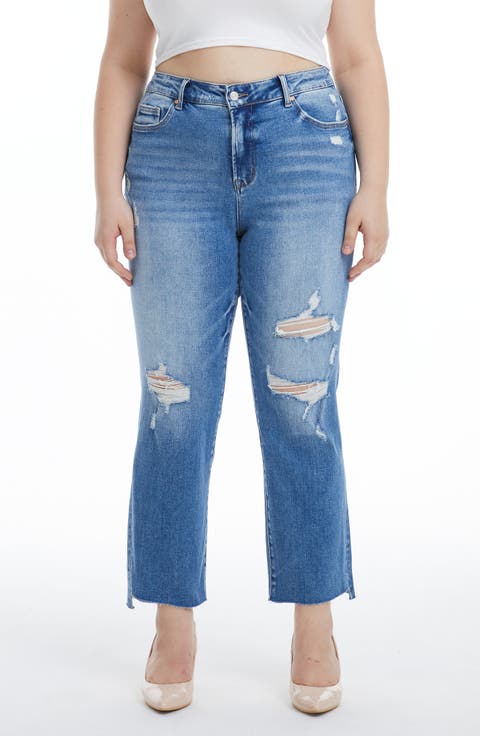 Distressed High Waist Slim Straight Jeans (Plus)