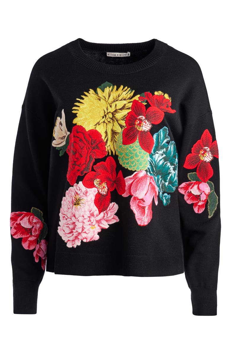 Alice + Olivia Belva Floral Jacquard Stretch Wool Crewneck Sweater, Alternate, color,