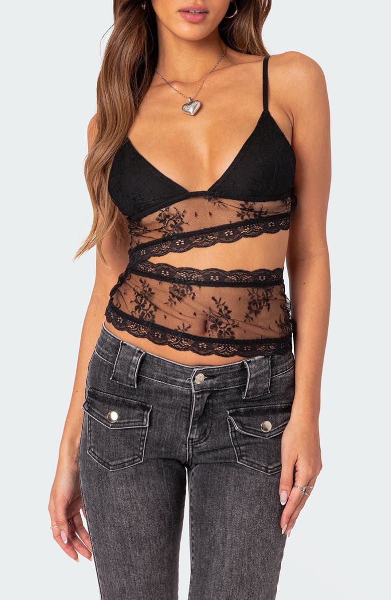 EDIKTED Spice Cutout Sheer Lace Camisole, Main, color, Black