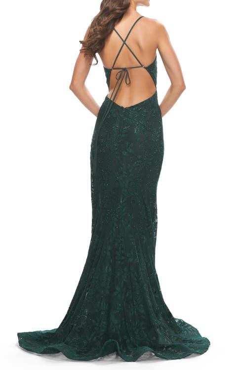 La Femme Rhinestone Lace Embellished Prom Dress With High Side Slit In Dark Emerald