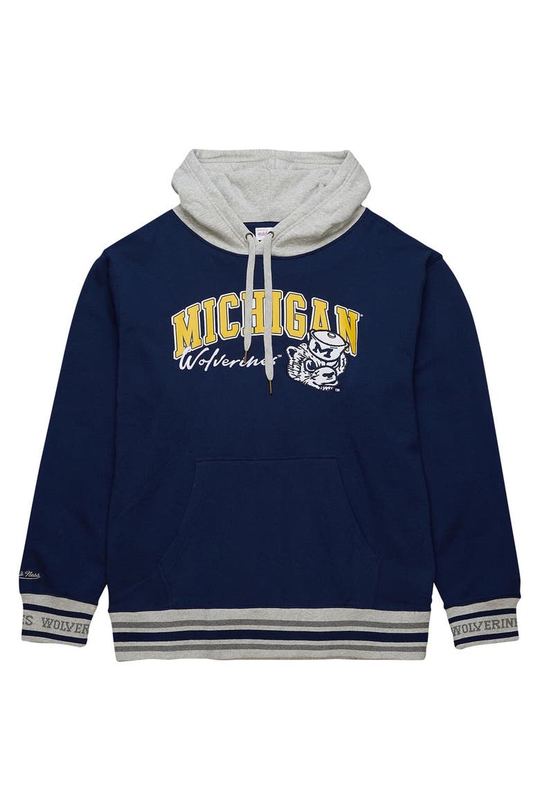 Men's Mitchell & Ness Navy Michigan Wolverines Arched Fleece Pullover Hoodie, Alternate, color, Navy