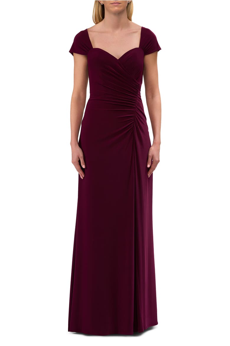Jersey Evening Dress with Cap Sleeves and Ruching, Main, color, Dark Berry