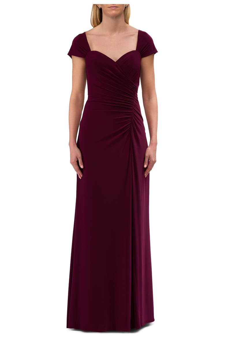 La Femme Jersey Evening Dress with Cap Sleeves and Ruching, Main, color, Dark Berry