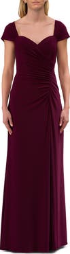 La Femme Jersey Evening Dress with Cap Sleeves and Ruching