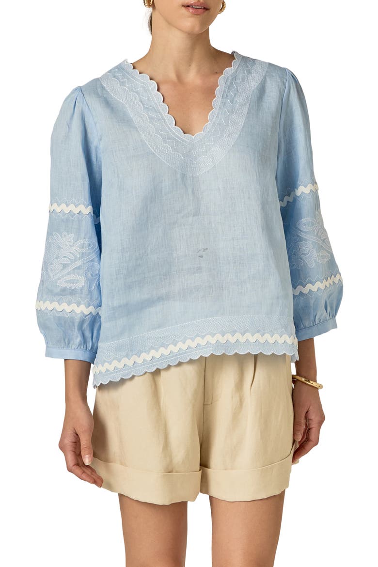 Rickrack Trim Embroidered Balloon Sleeve Linen Top, Main, color, POWDER BLUE