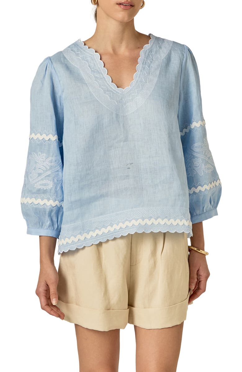 English Factory Rickrack Trim Embroidered Balloon Sleeve Linen Top, Main, color,