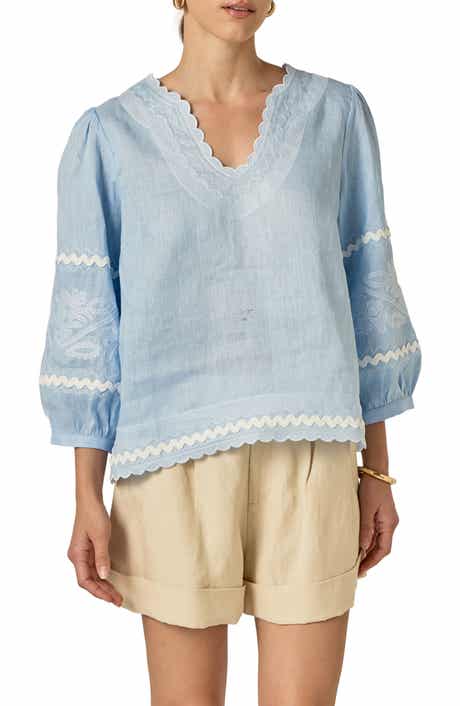 English Factory Rickrack Trim Embroidered Balloon Sleeve Linen Top