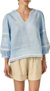 English Factory Rickrack Trim Embroidered Balloon Sleeve Linen Top