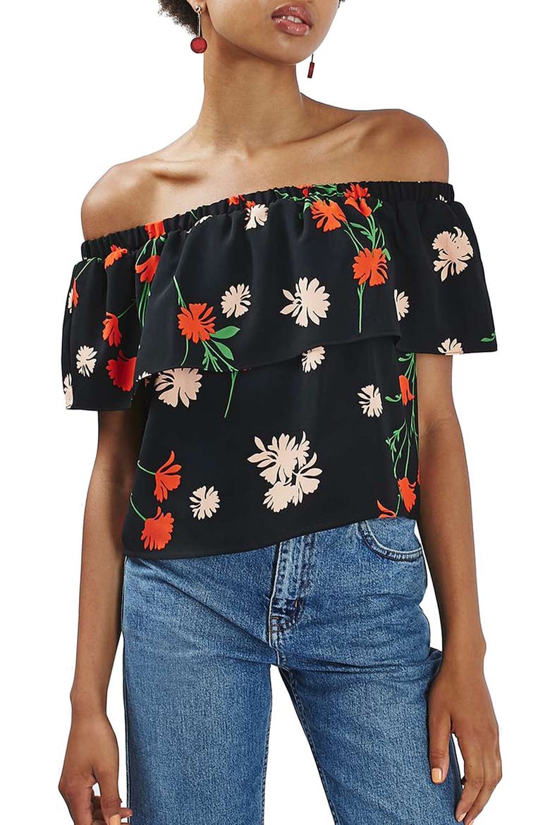 Pressed Floral Print Ruffle Bardot Top, Main, color, BLACK MULTI